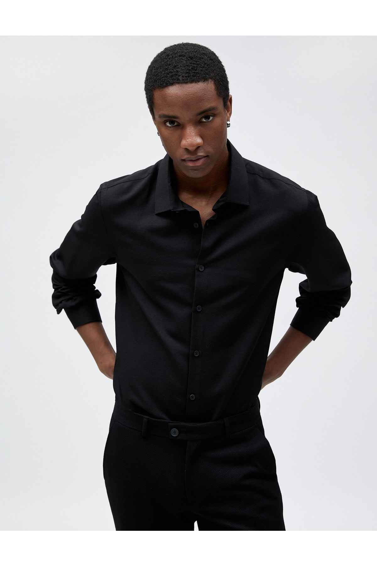 پیراهن اسپرت باریک با یقه کلاسیک آستین بلند غیر آهنی