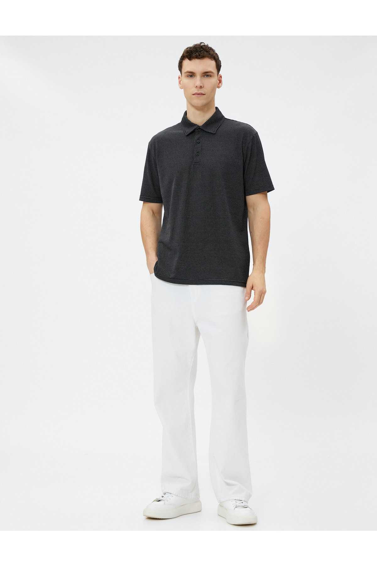 تیشرت پولو راه راه آستین کوتاه دکمه دار