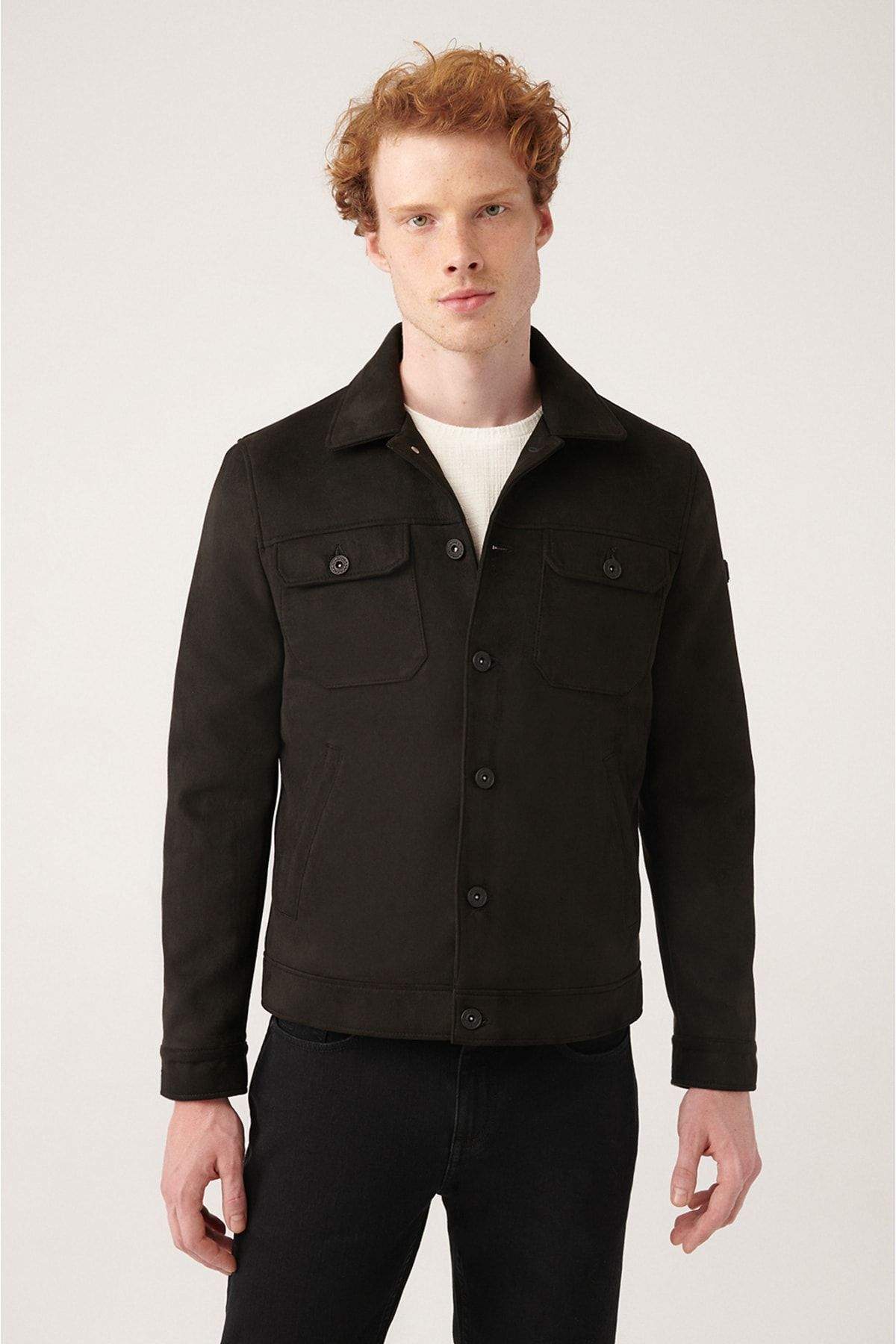 black-inner-fiber-quilted-faux-suede-standard-fit-coat-with-flap-pockets