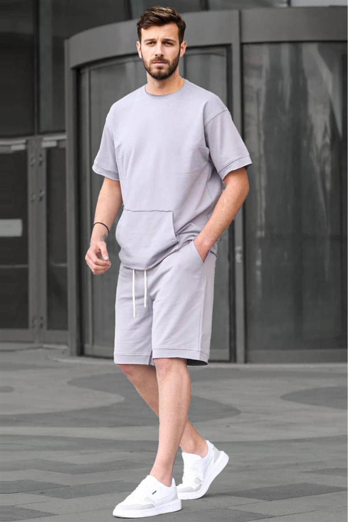 ست شلوارک مردانه بیسیک خاکستری رنگ شده