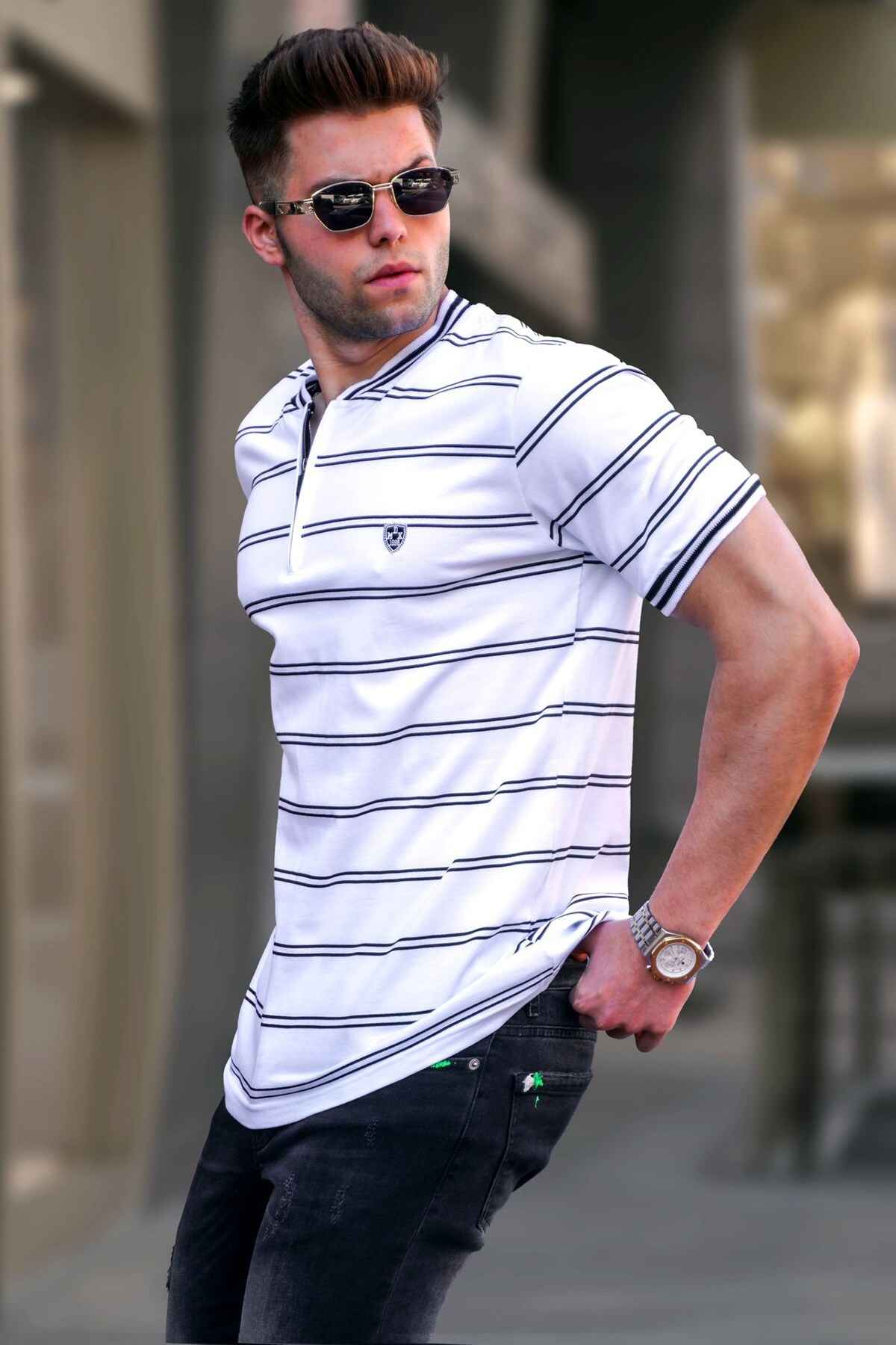 تیشرت مردانه یقه پولو راه راه خاکستری رنگ شده