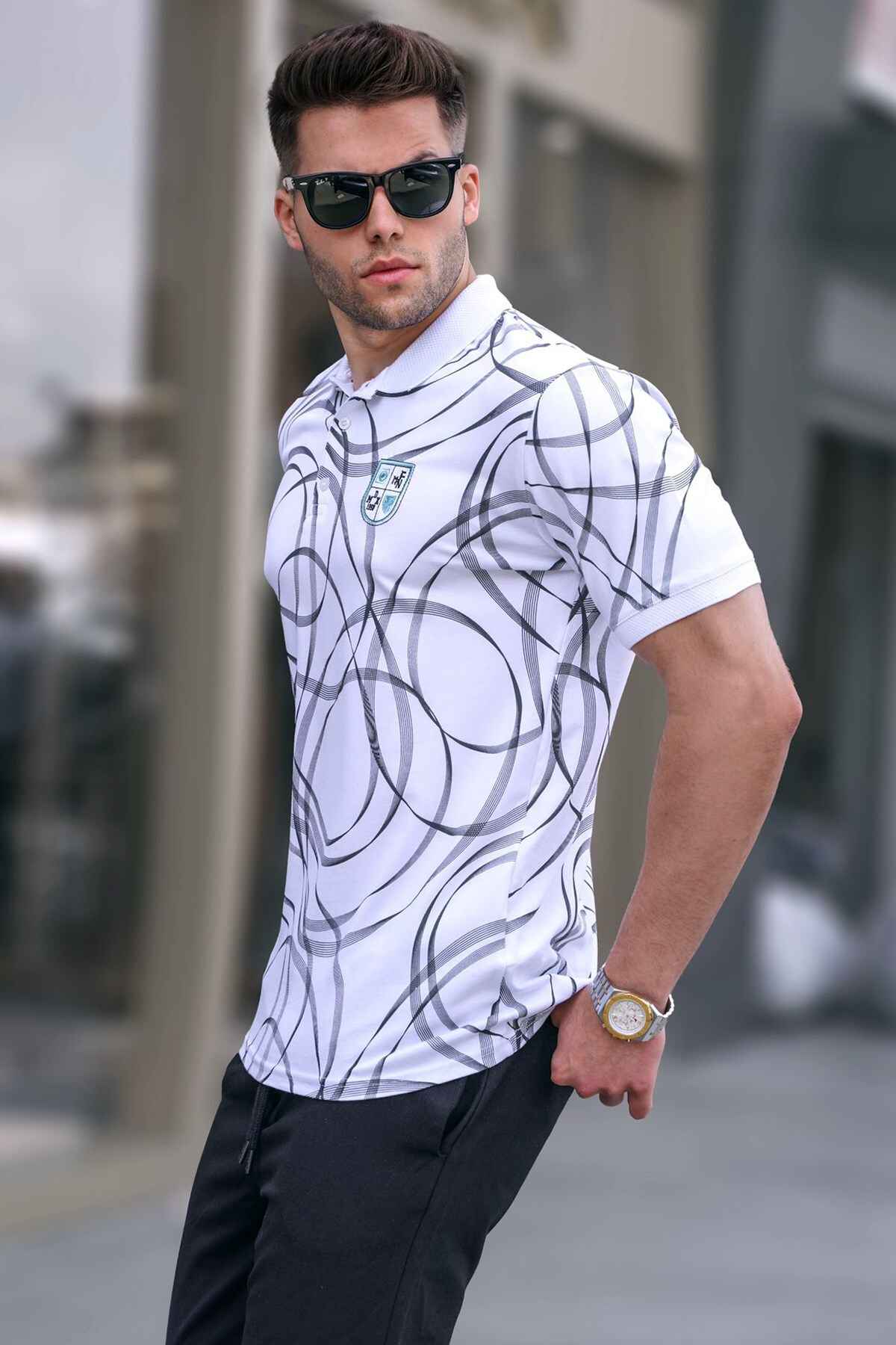 تیشرت یقه پولو طرح دار خاکستری