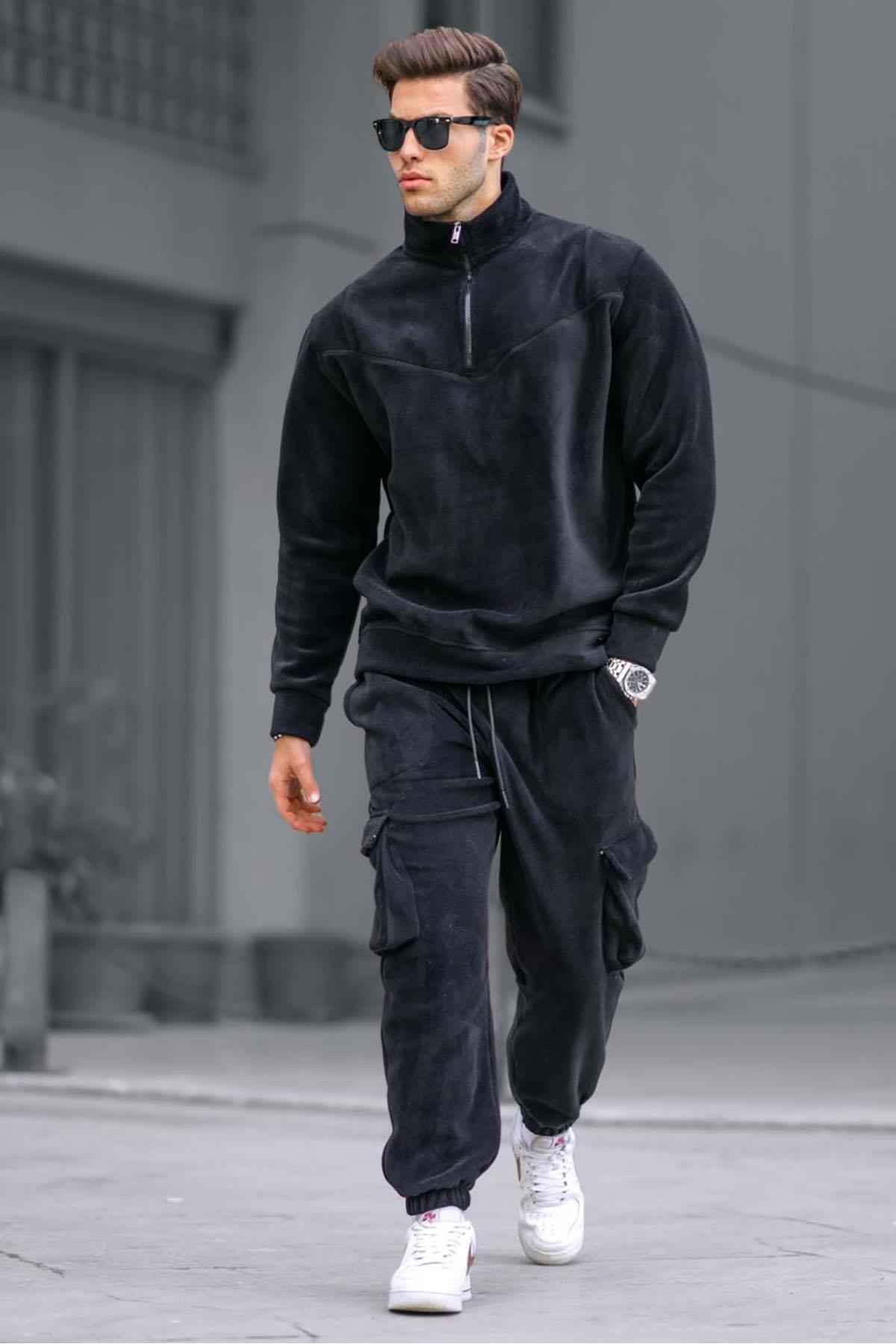 ست لباس ورزشی مردانه پشمی یقه زیپ دار خاکی