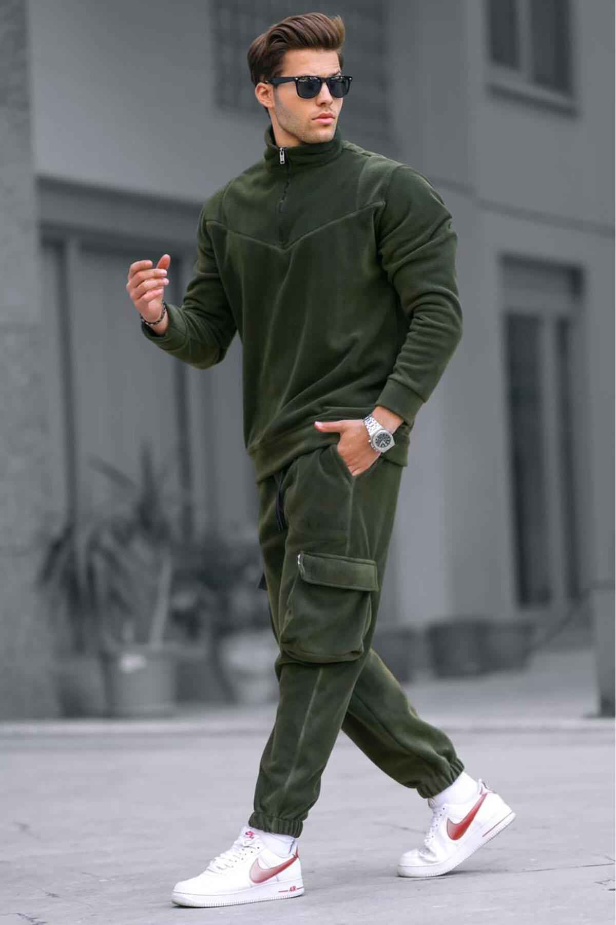 ست لباس ورزشی مردانه پشمی یقه زیپ دار خاکی