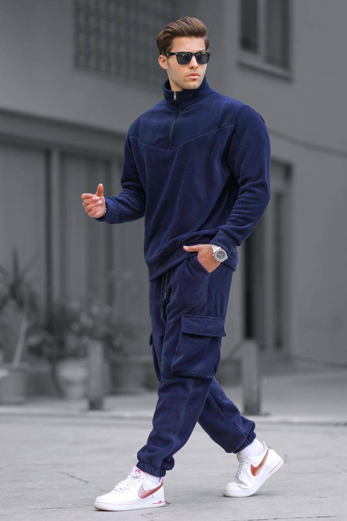 ست لباس ورزشی مردانه پشمی یقه زیپ دار خاکی