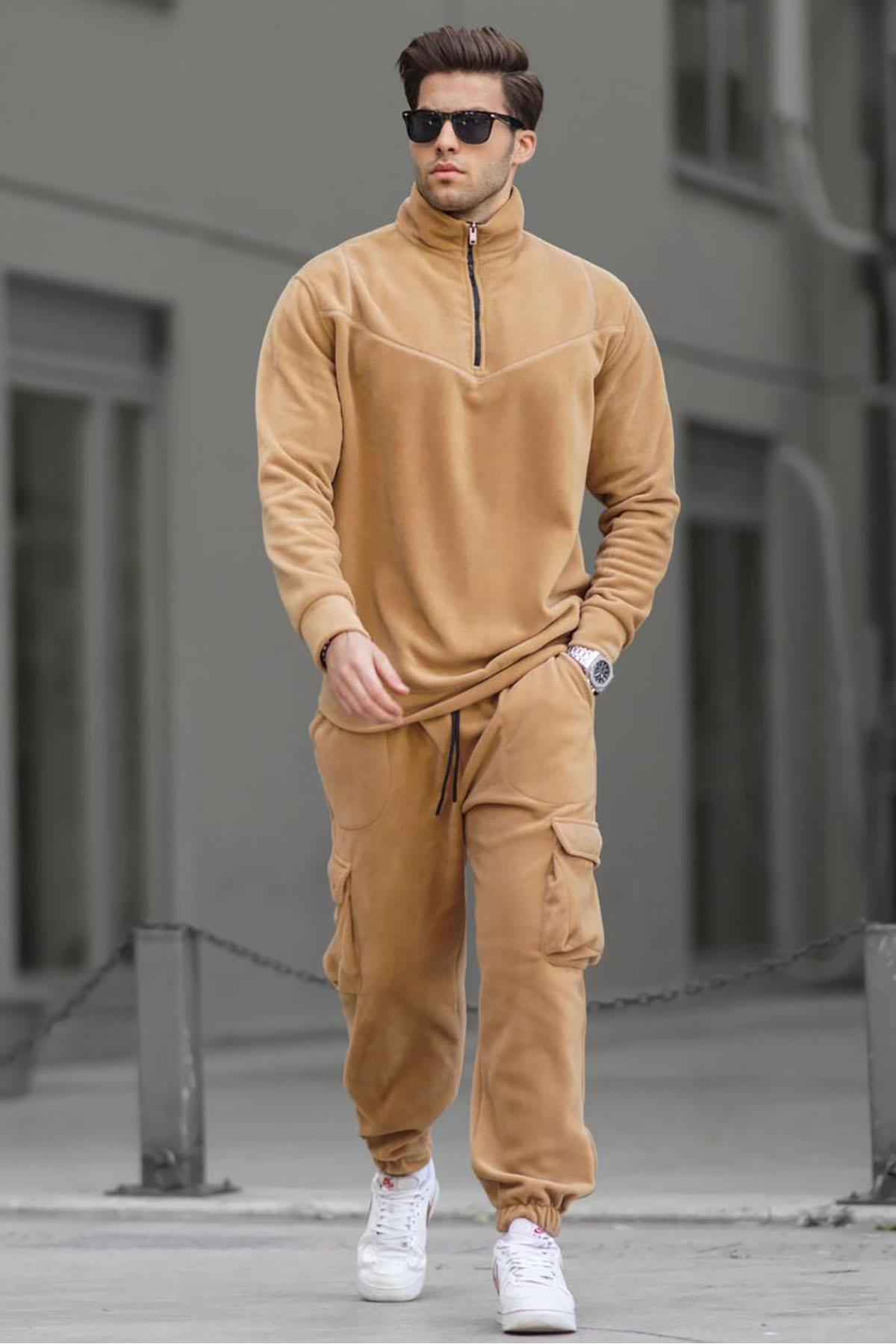 ست لباس ورزشی مردانه پشمی یقه زیپ دار خاکی