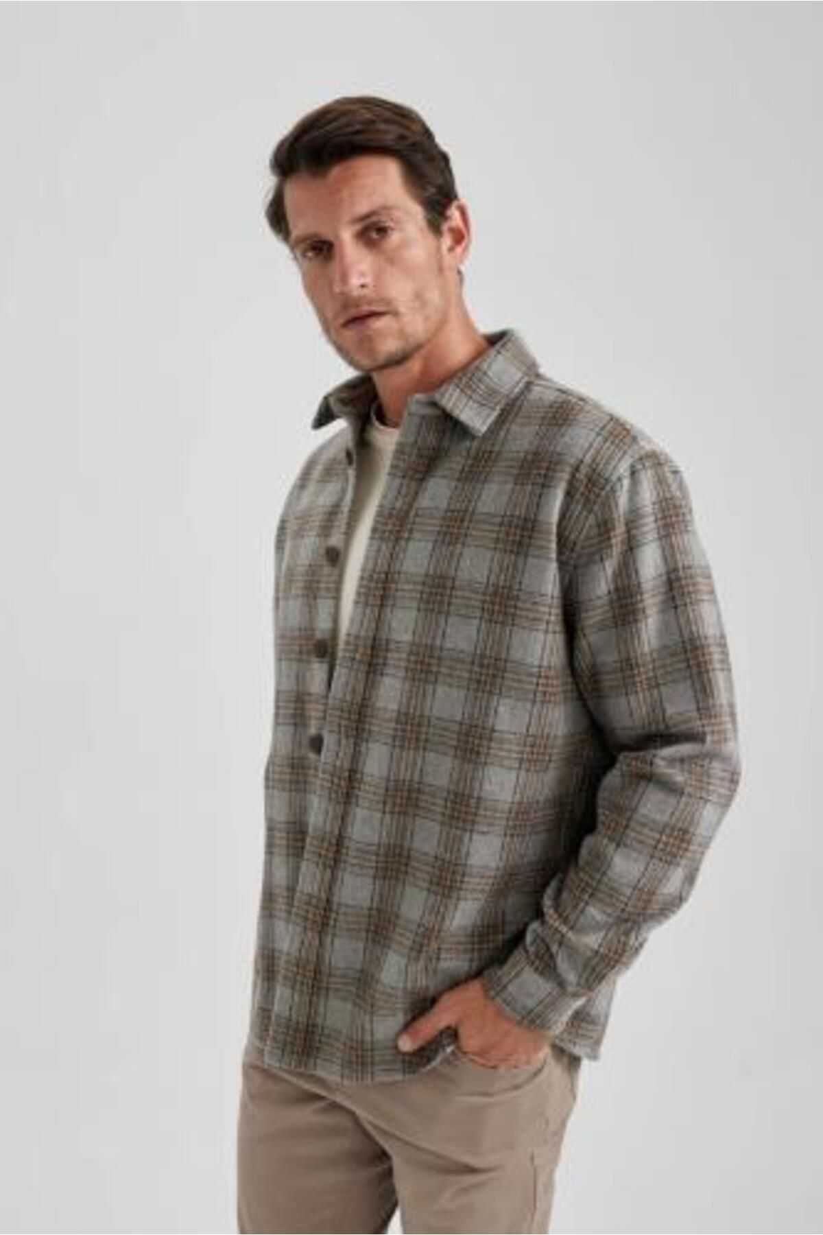 کت پیراهن طرح دار پارچه ای ضخیم با یقه پولو مناسب Relax Fit