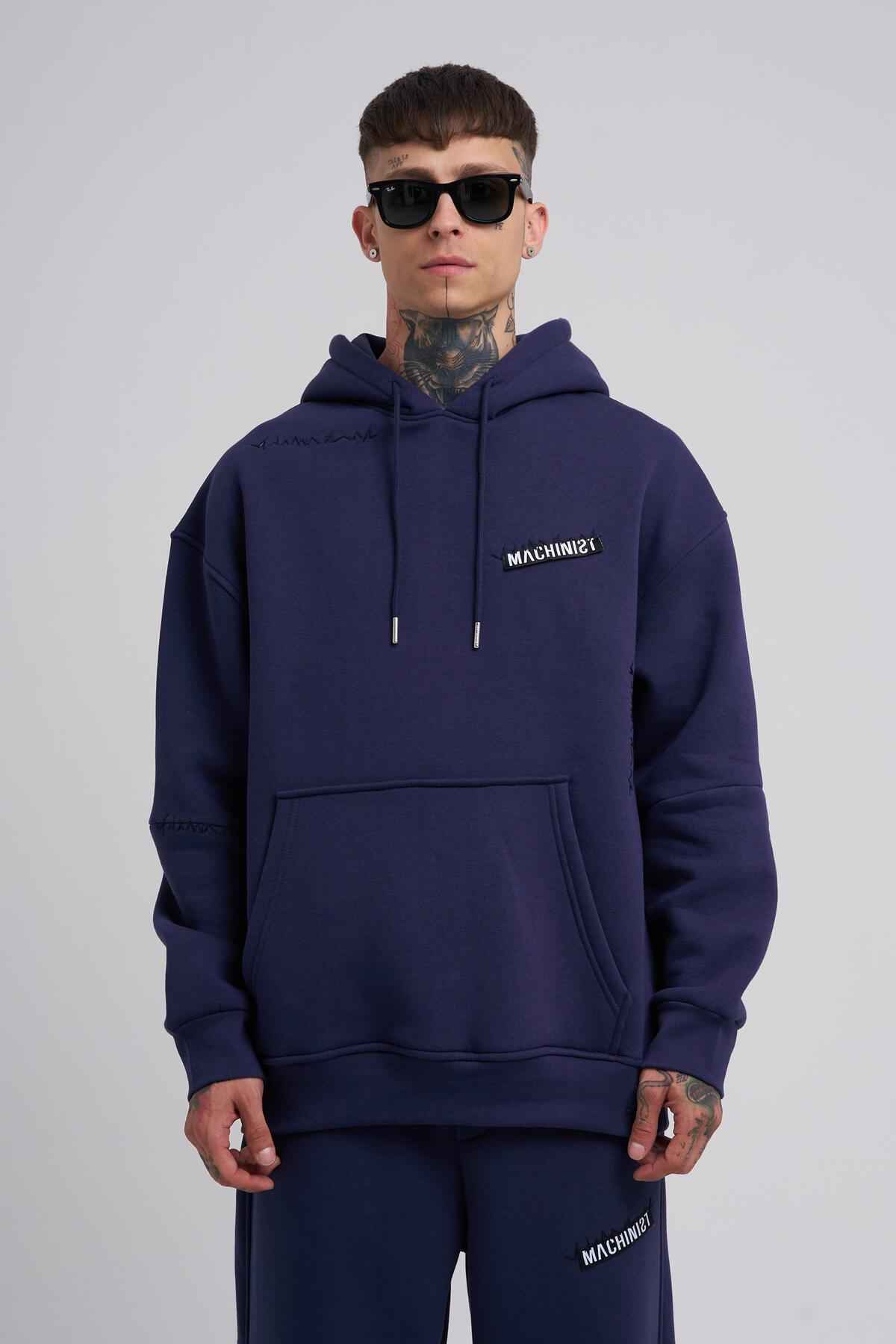 سویشرت مردانه جیبی کانگورو دوزی شده آبی سرمه ای