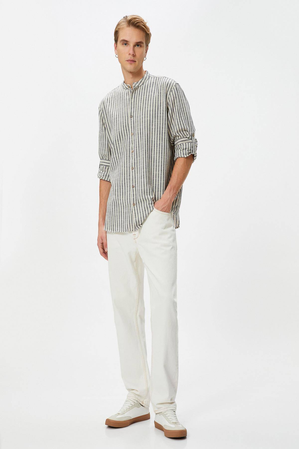 پیراهن راه راه آبی سرمه ای مردانه