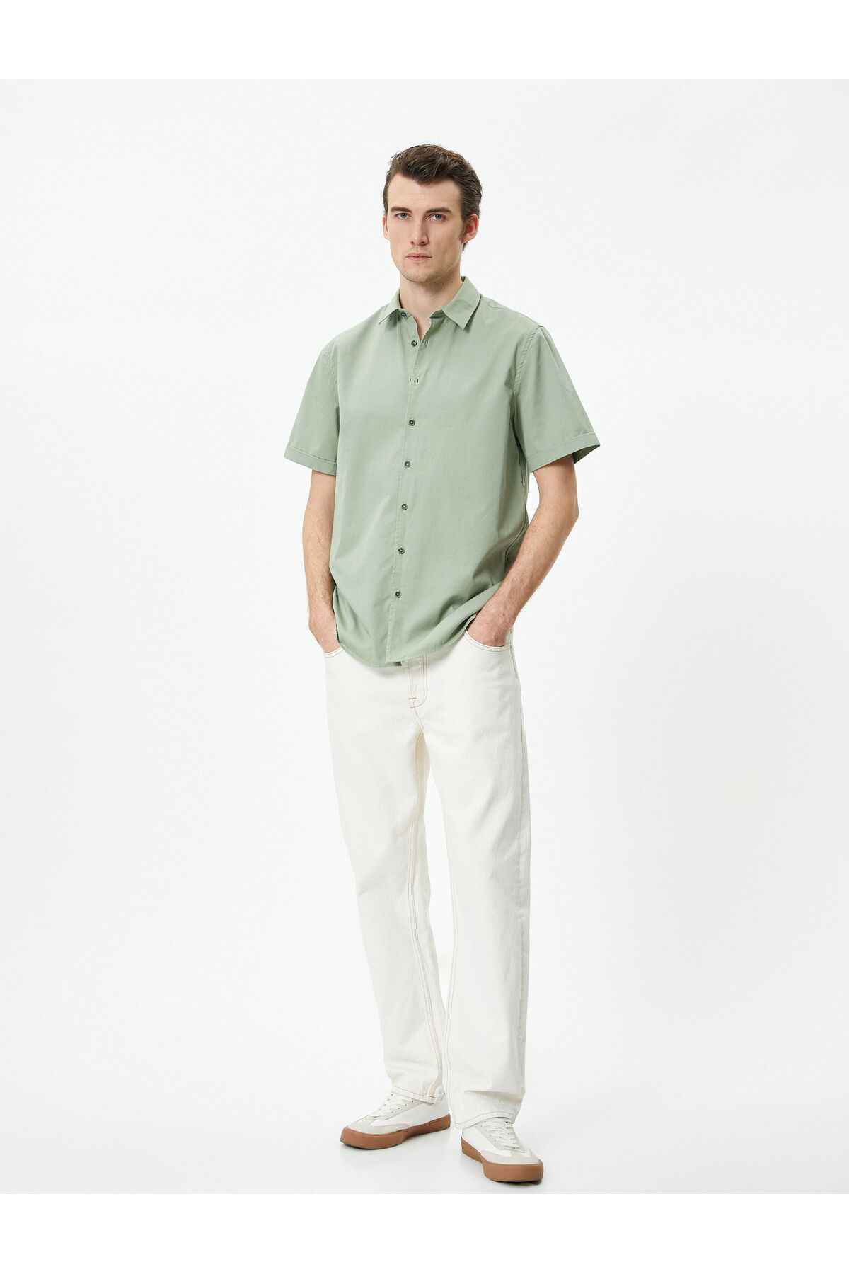 پیراهن تابستانی یقه کلاسیک دکمه دار آستین رول شده