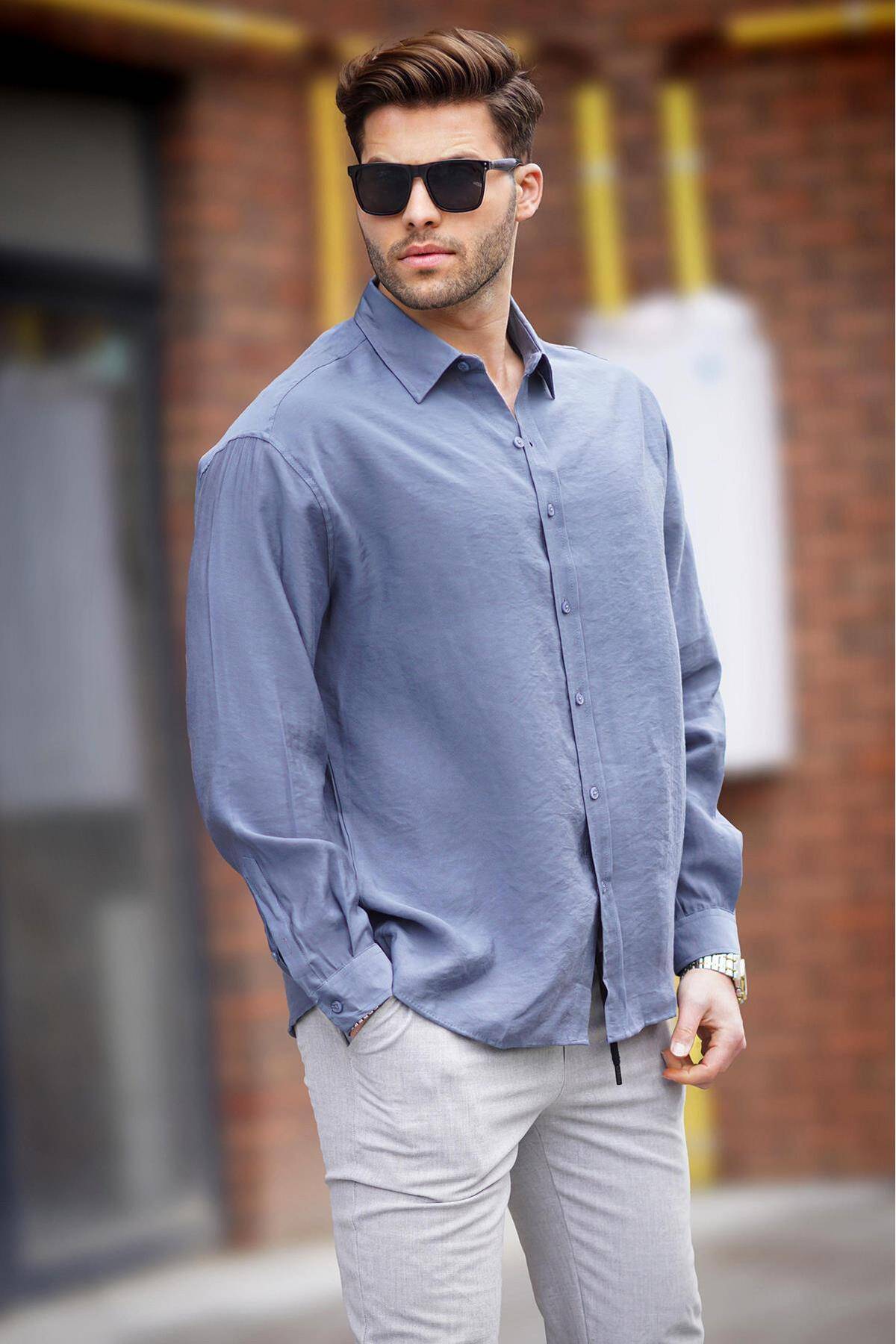 پیراهن مردانه آستین بلند آبی سایز بزرگ