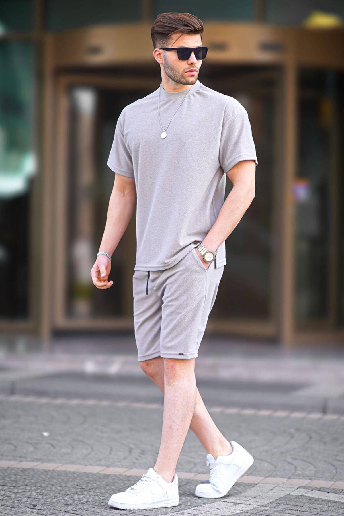 ست شلوارک مردانه بیسیک خاکستری رنگ شده