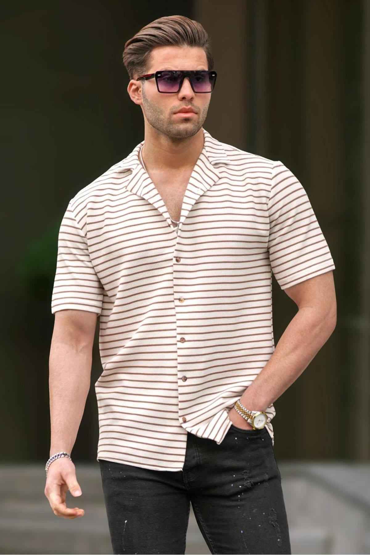 پیراهن مردانه آستین کوتاه راه راه شتری