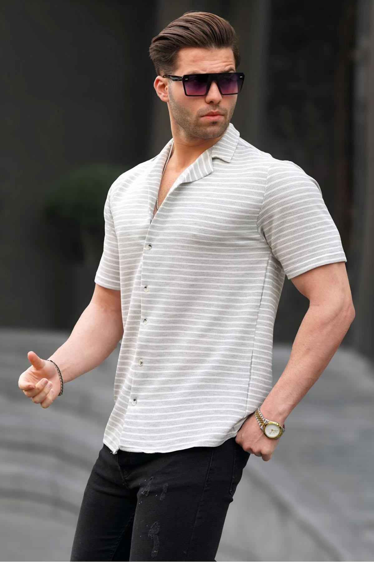 پیراهن مردانه آستین کوتاه راه راه شتری