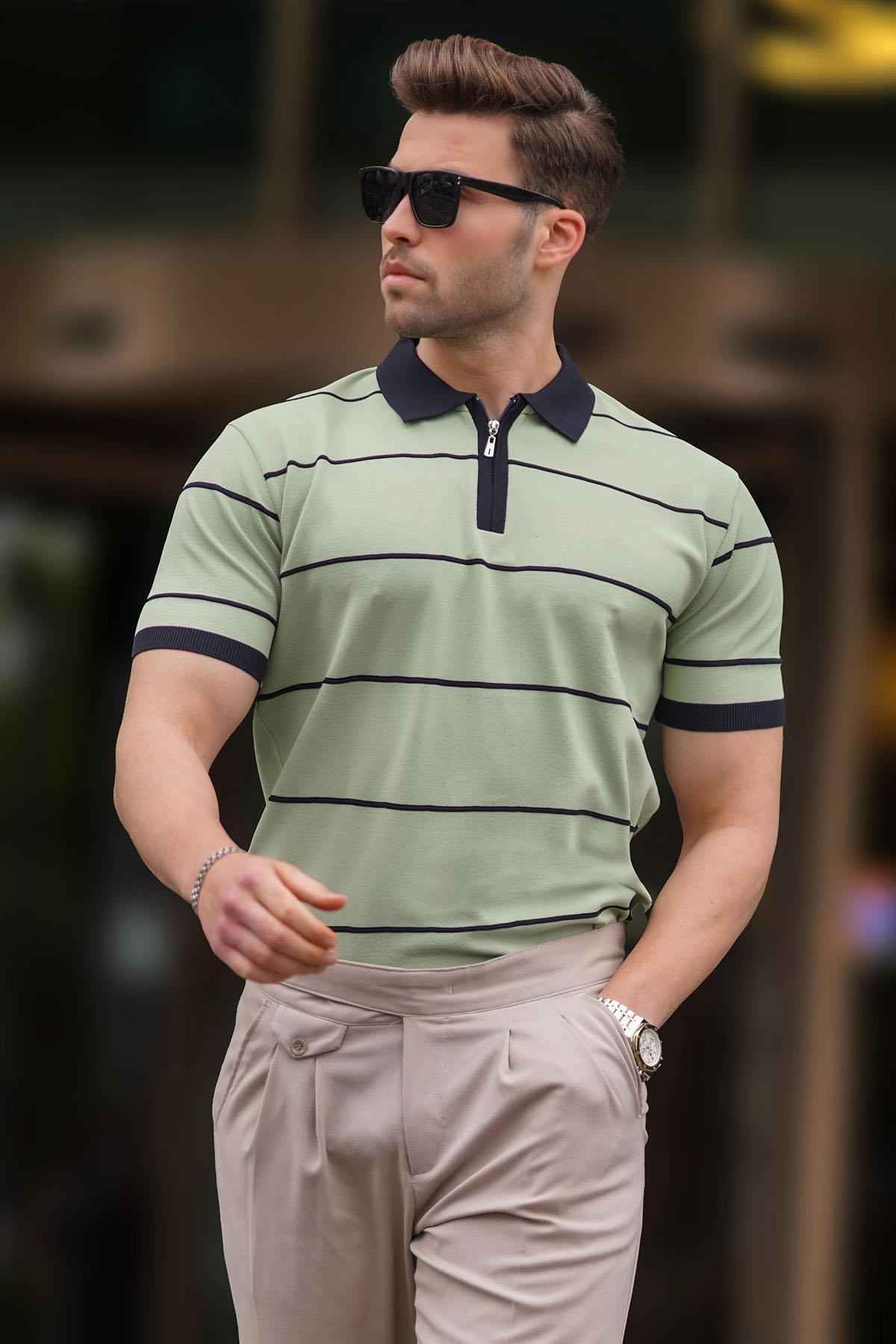 تیشرت زیپ دار یقه یقه راه راه خاکستری