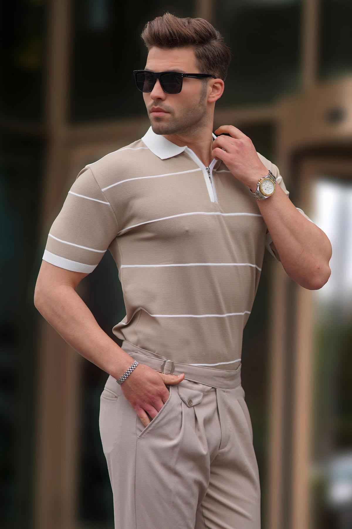 تیشرت زیپ دار یقه یقه راه راه خاکستری