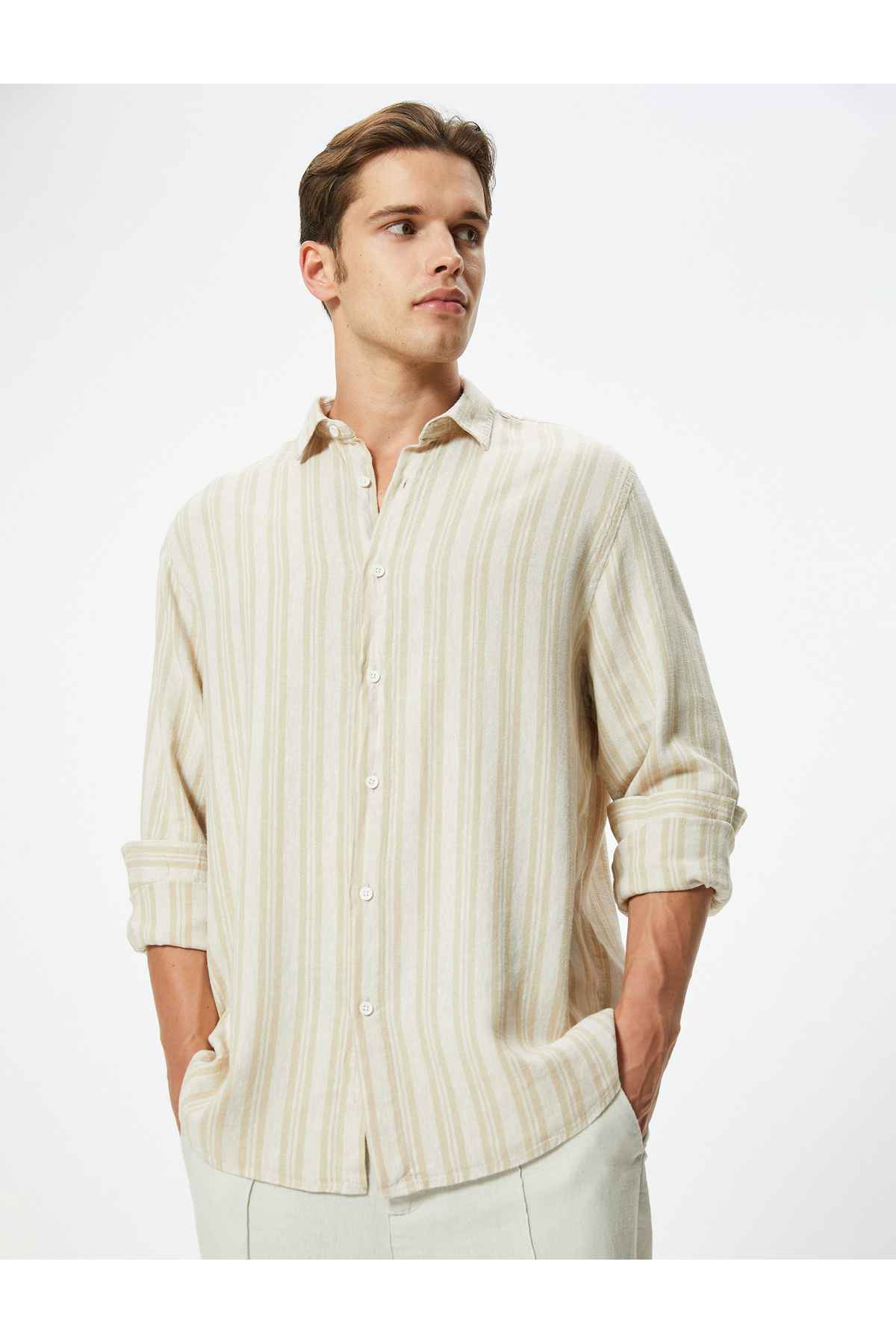 ترکیب کتانی دکمه دار پیراهن آستین بلند