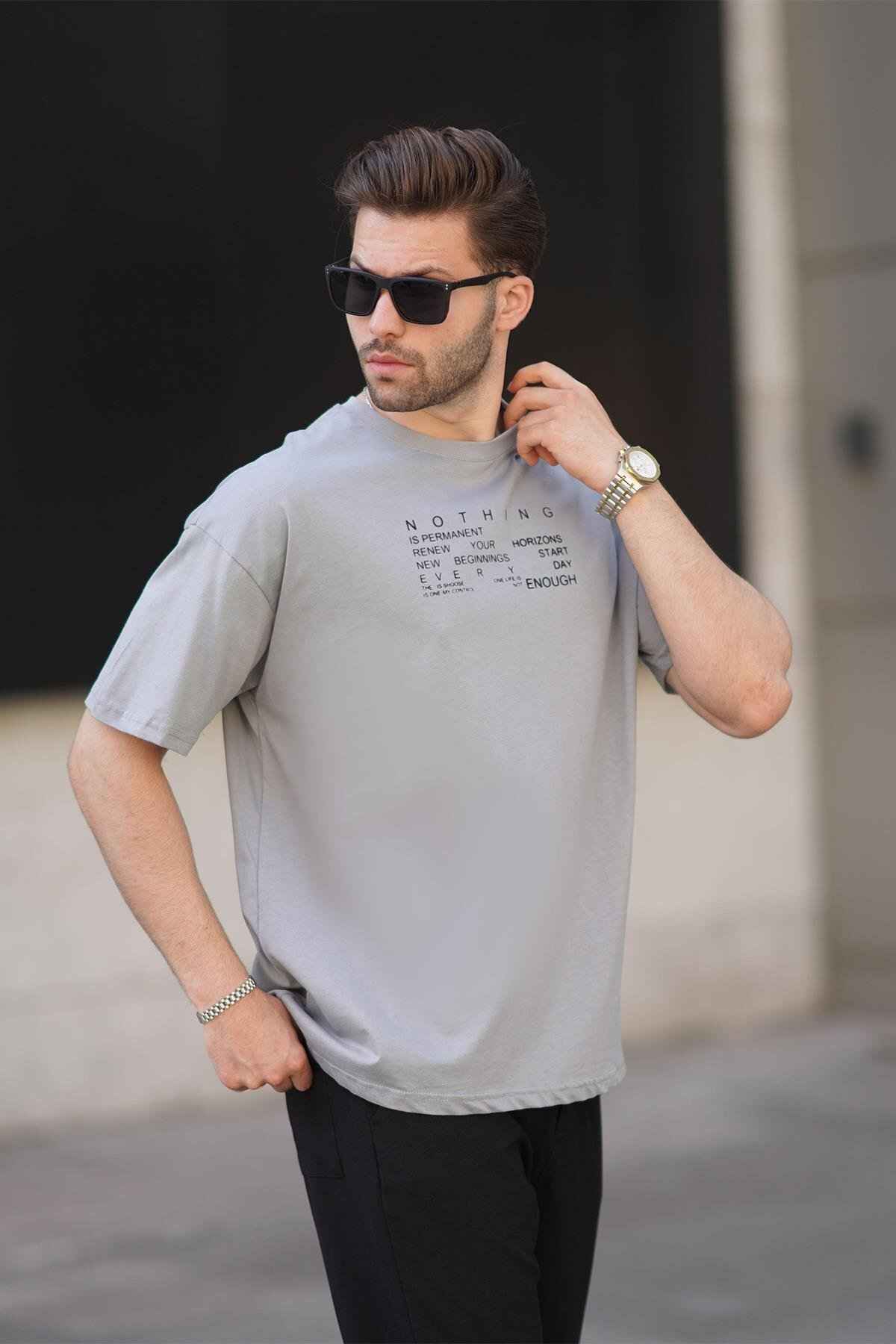 تیشرت مردانه آستین کوتاه چاپی یقه اورفیت بژ