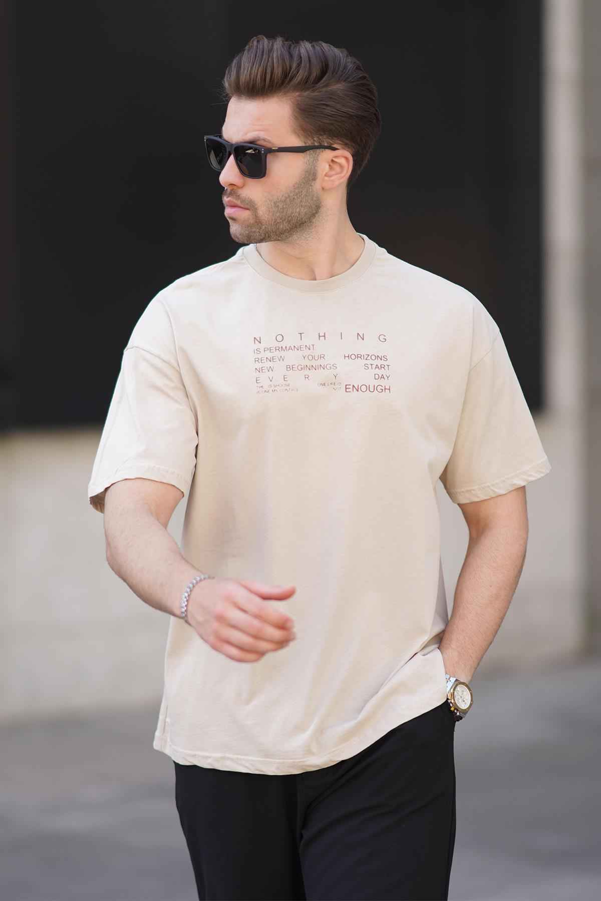 تیشرت مردانه آستین کوتاه چاپی یقه اورفیت بژ