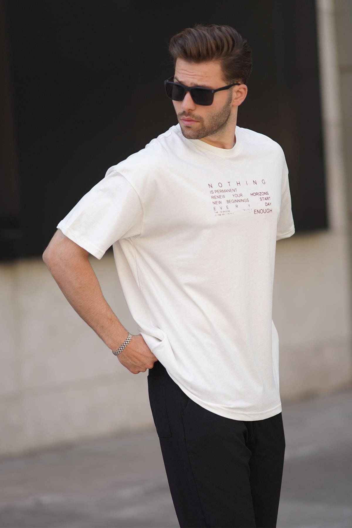 تیشرت مردانه آستین کوتاه چاپی یقه اورفیت بژ