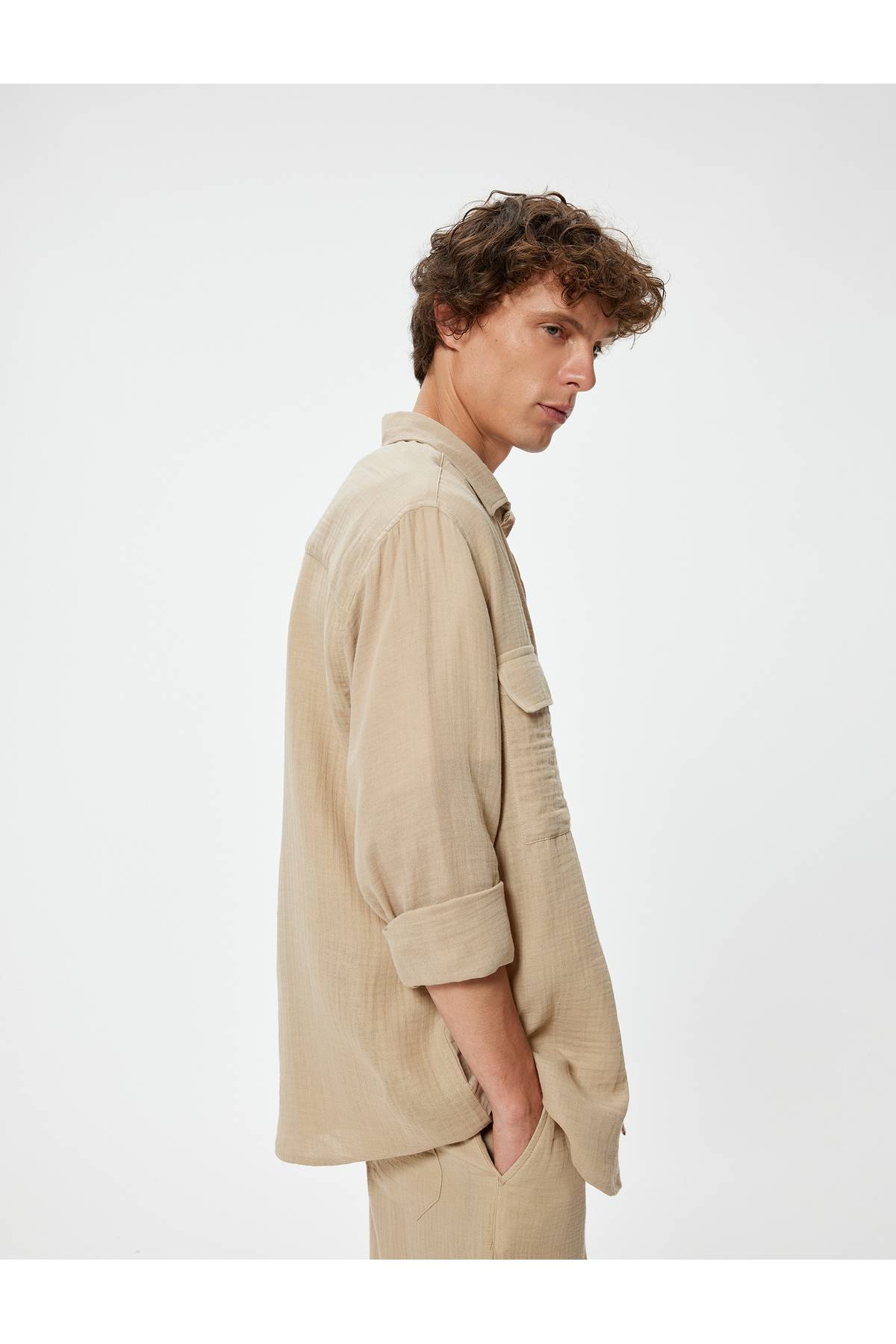 پیراهن آستین بلند موسلین با جیب با جزئیات پنبه ای