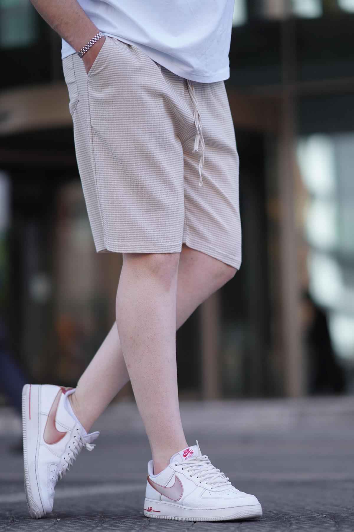 شلوارک مردانه کوتاه کتان راه راه مشکی قابل تنظیم کمری