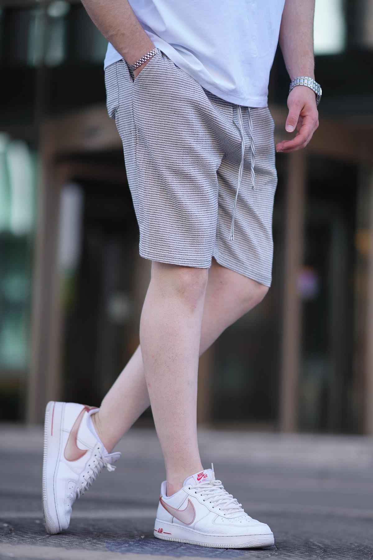 شلوارک مردانه کوتاه کتان راه راه مشکی قابل تنظیم کمری