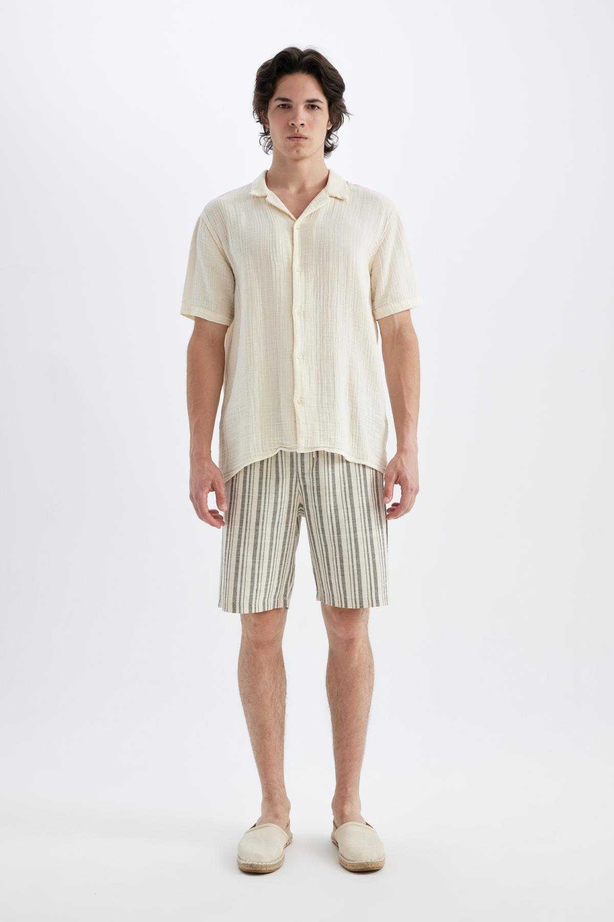 شورت برمودا نخی با بند الاستیک منظم D2056ax24hs