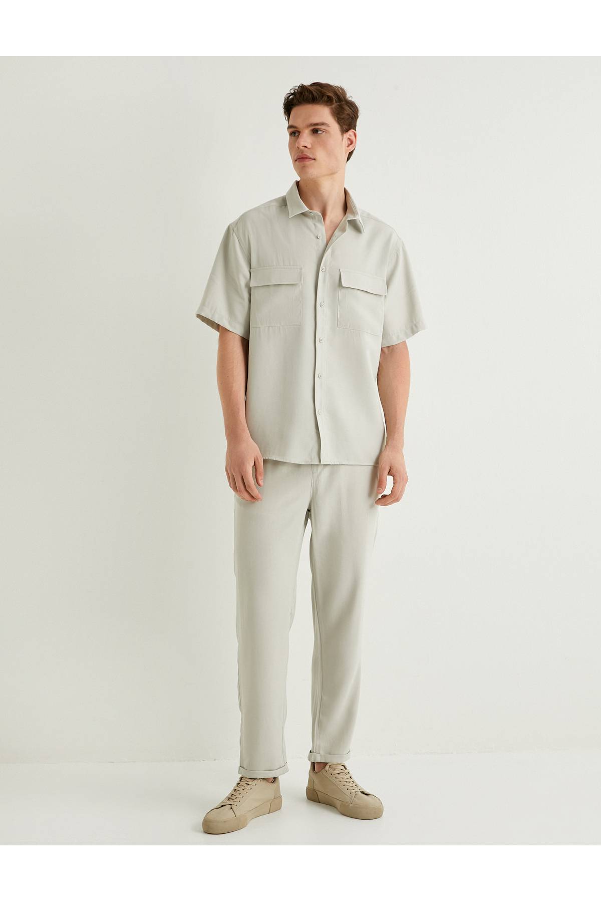 پارچه ویسکوز با جیب دکمه دار پیراهن آستین کوتاه