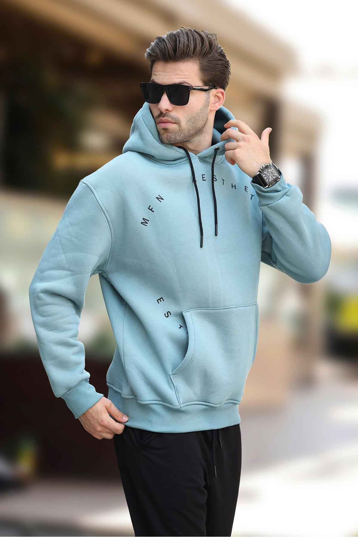 سویشرت مردانه سرپوش خاکستری رنگ شده با جزئیات جیب و گلدوزی