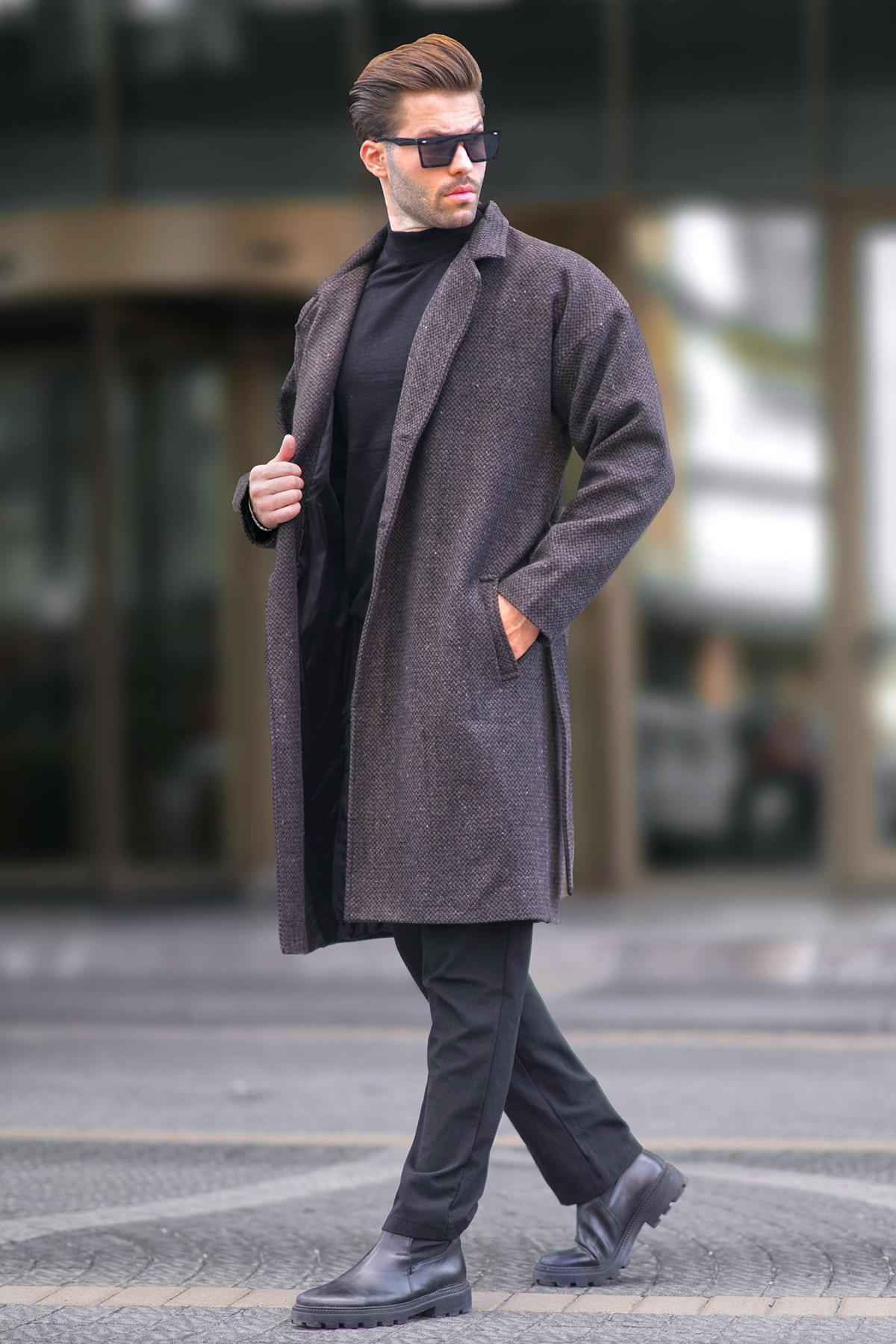 مانتو تمبر طرح دار یقه دو سینه خاکستری