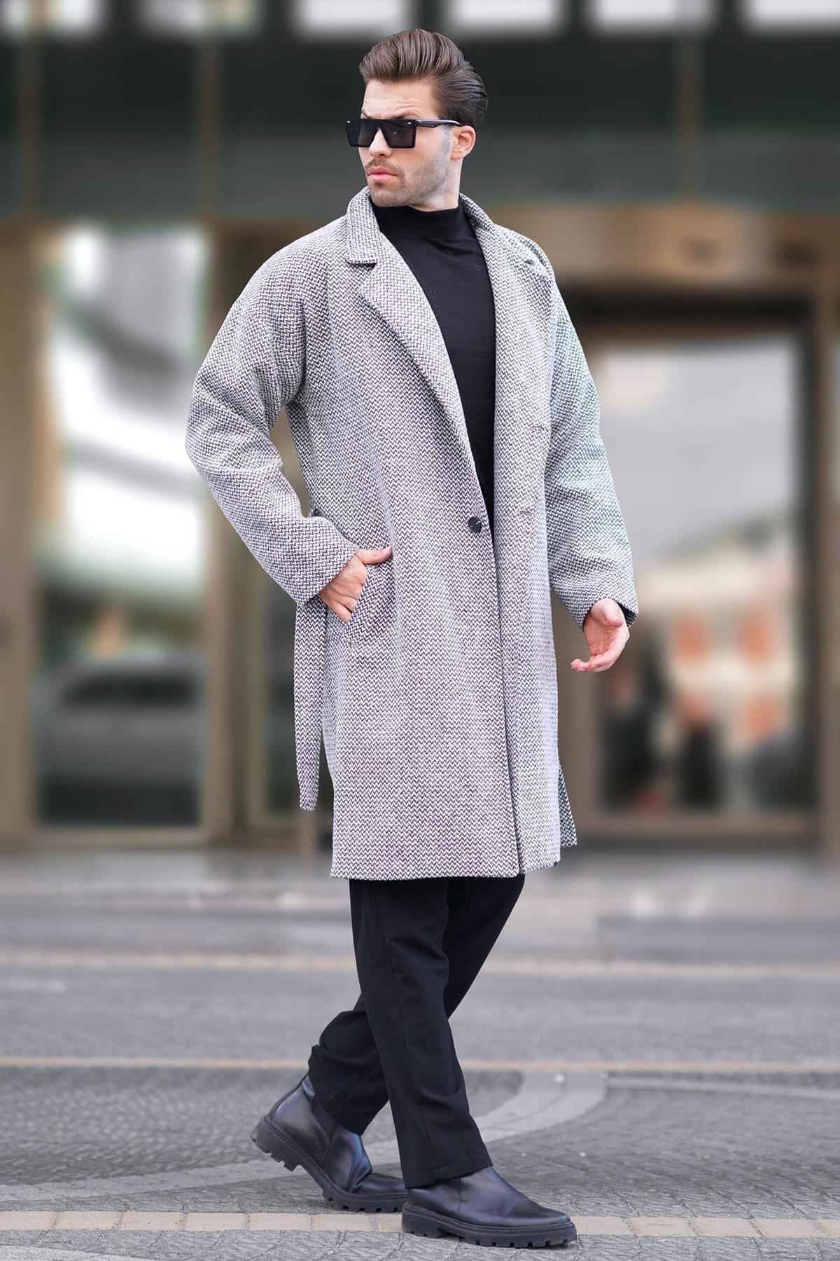 مانتو تمبر طرح دار یقه دو سینه خاکستری