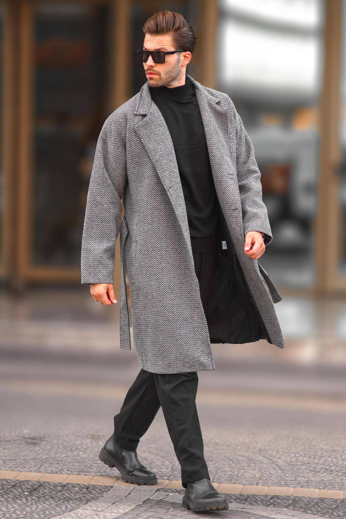 مانتو تمبر طرح دار یقه دو سینه خاکستری