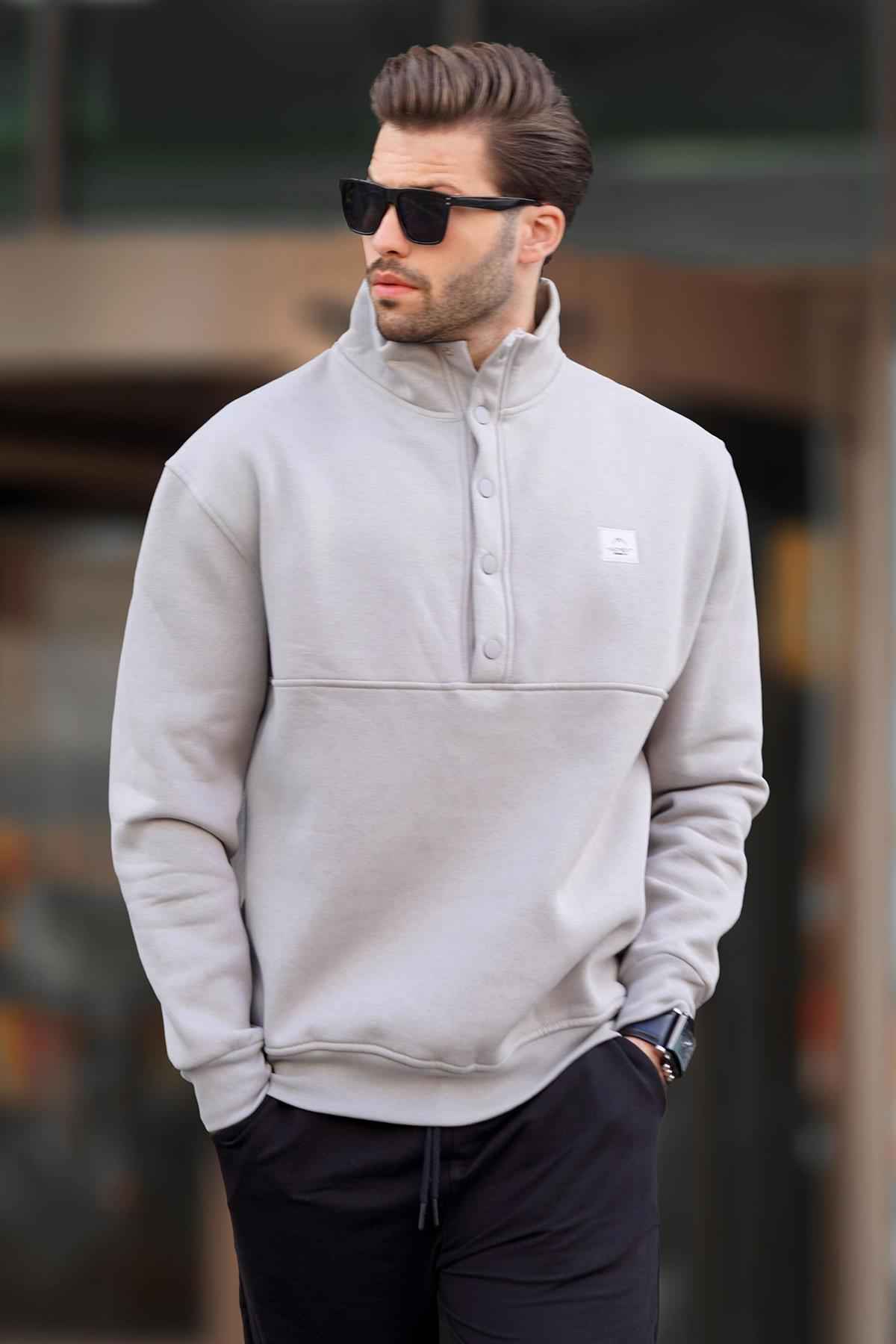 سویشرت مردانه یقه ایستاده خاکستری رنگ شده با جزئیات