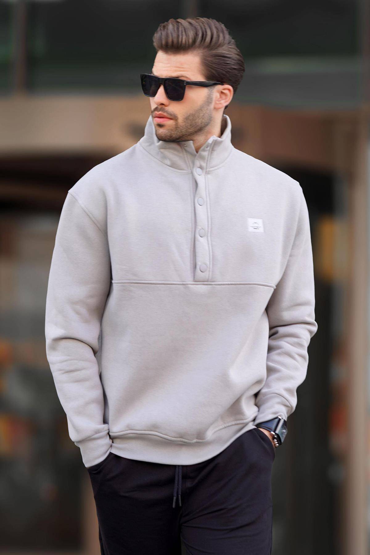 سویشرت مردانه یقه ایستاده خاکستری رنگ شده با جزئیات