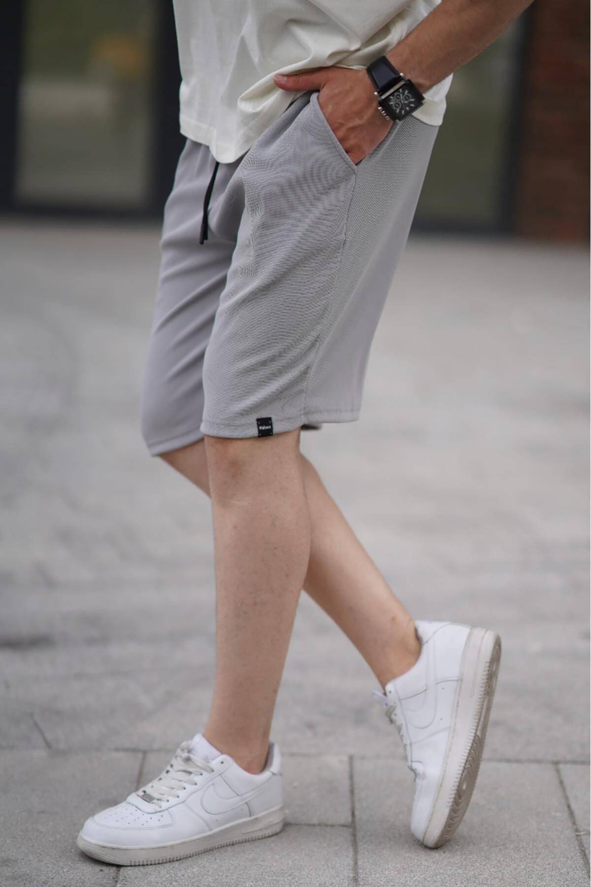 شورت مردانه خاکستری رنگ شده با جیب های کمری قابل تنظیم 6544