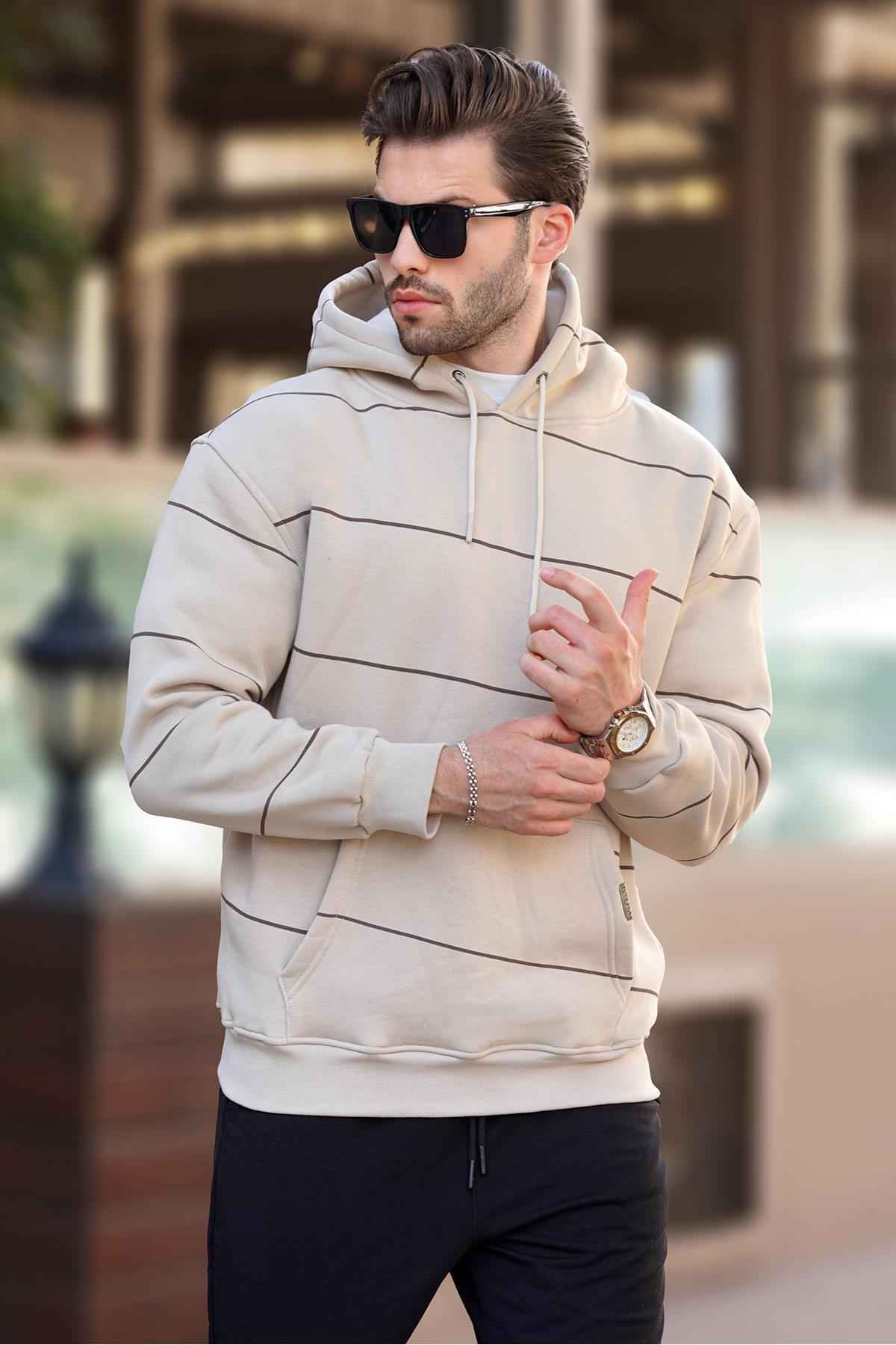 سویشرت مردانه راه راه کلاهدار مشکی با جزئیات جیب