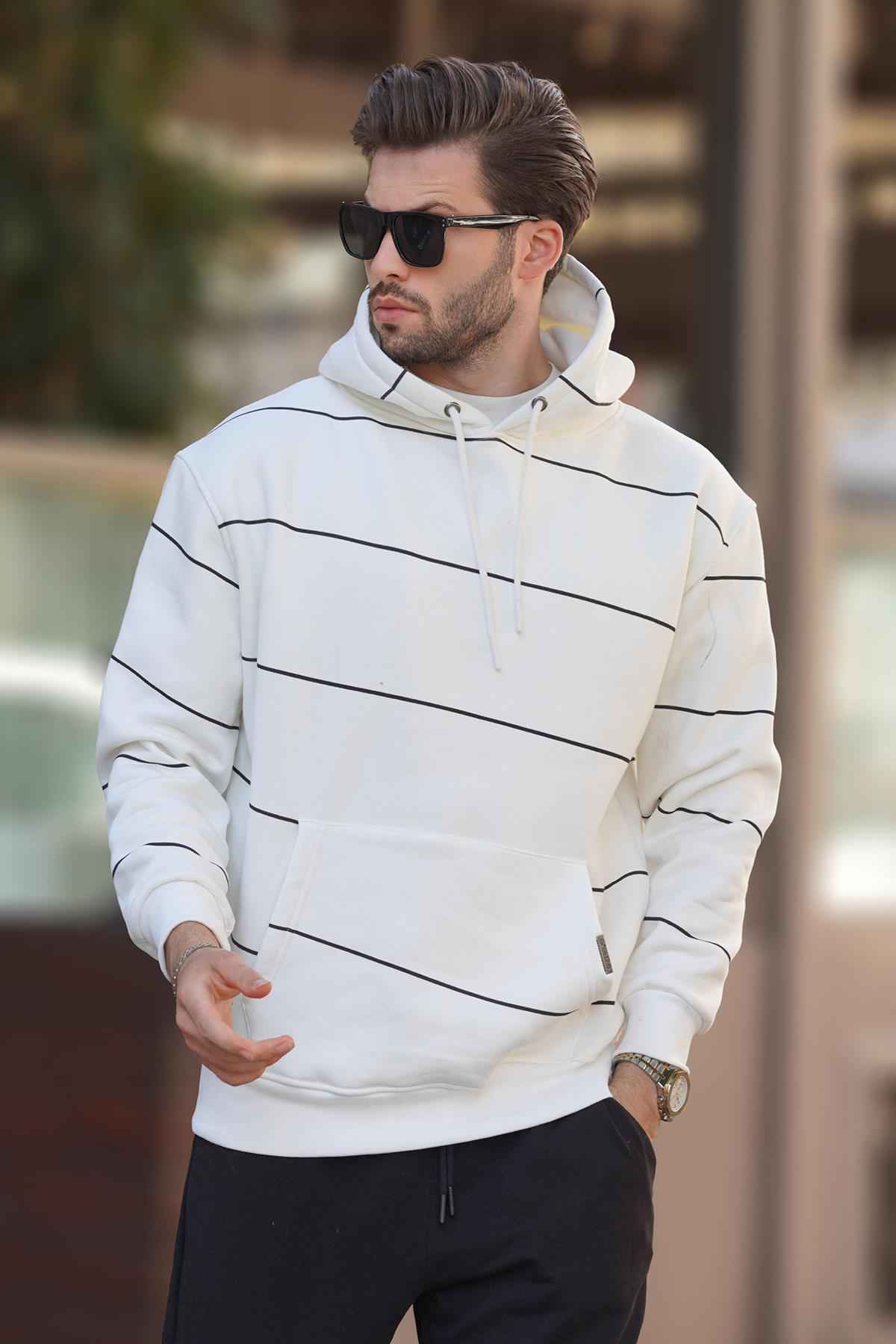 سویشرت مردانه راه راه کلاهدار مشکی با جزئیات جیب