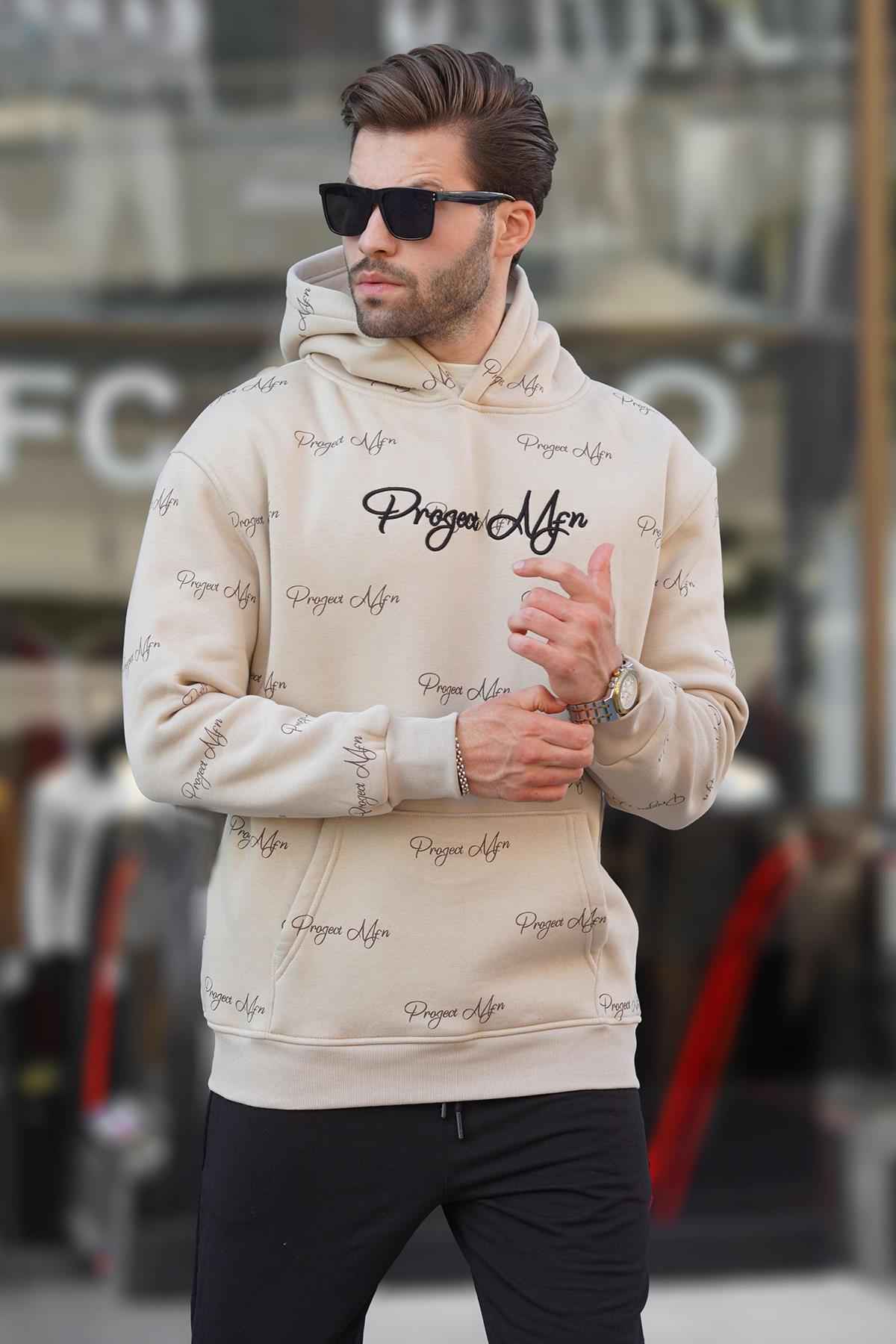 سویشرت مردانه کلاهدار با چاپ خاکستری رنگ شده با جزئیات جیبی