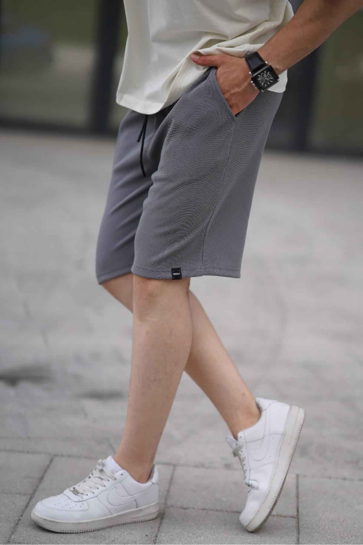 شورت مردانه خاکستری رنگ شده با جیب های کمری قابل تنظیم 6544