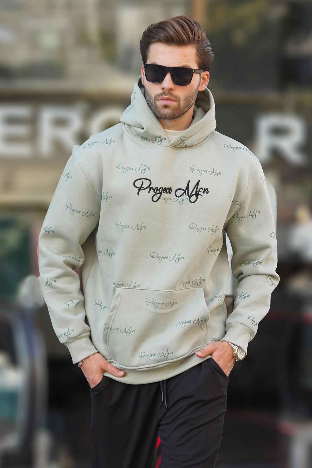 سویشرت مردانه کلاهدار با چاپ خاکستری رنگ شده با جزئیات جیبی