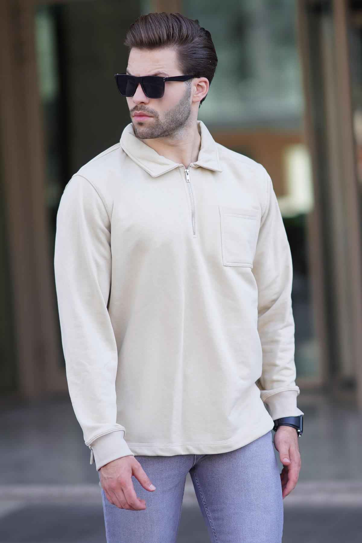 سویشرت مردانه آستین بلند یقه سبز نعنایی زیپ دار