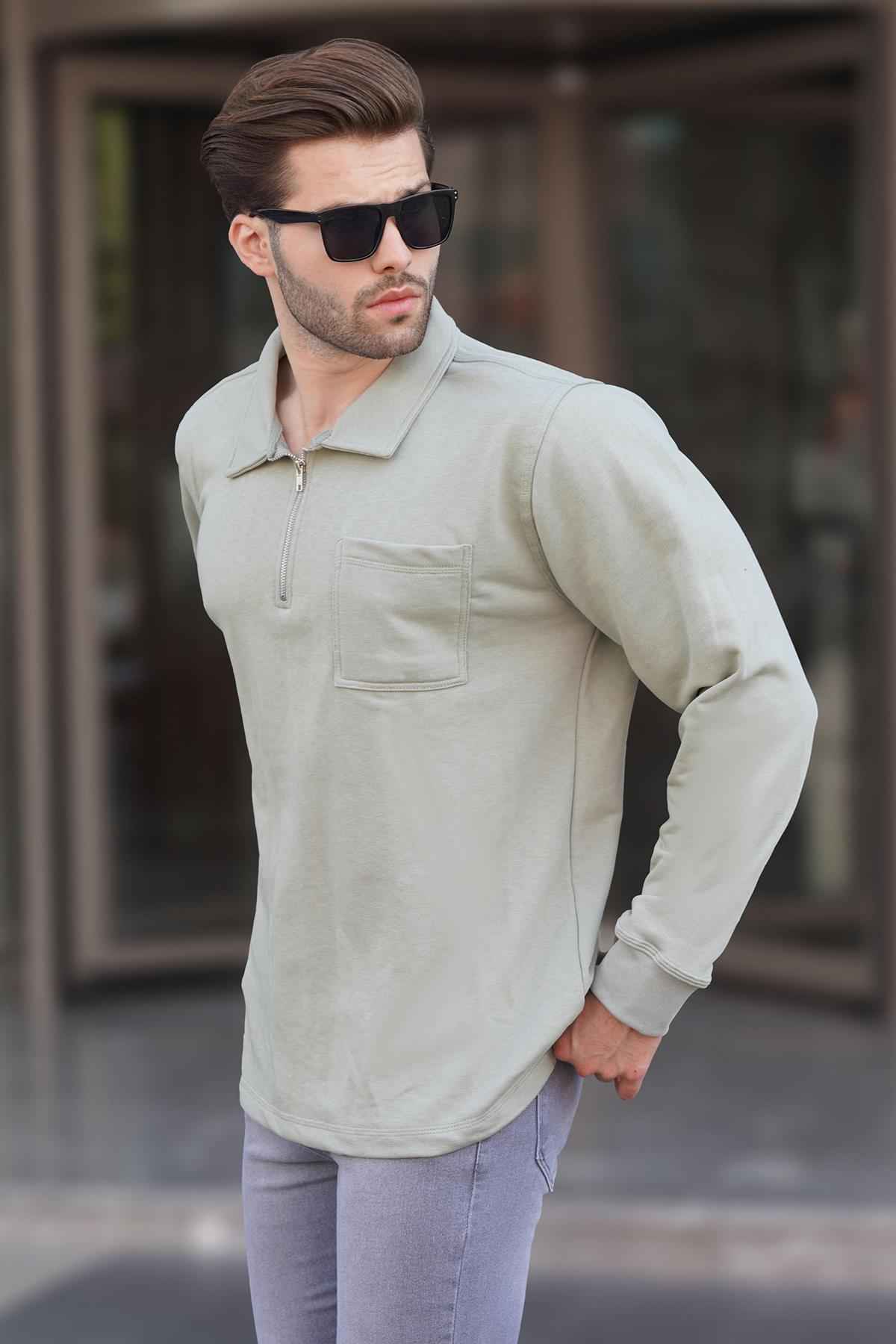 سویشرت مردانه آستین بلند یقه سبز نعنایی زیپ دار