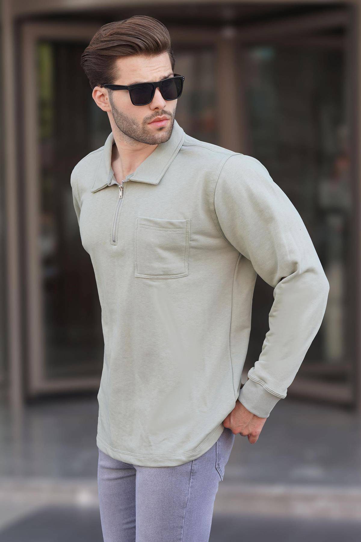 سویشرت مردانه آستین بلند یقه سبز نعنایی زیپ دار