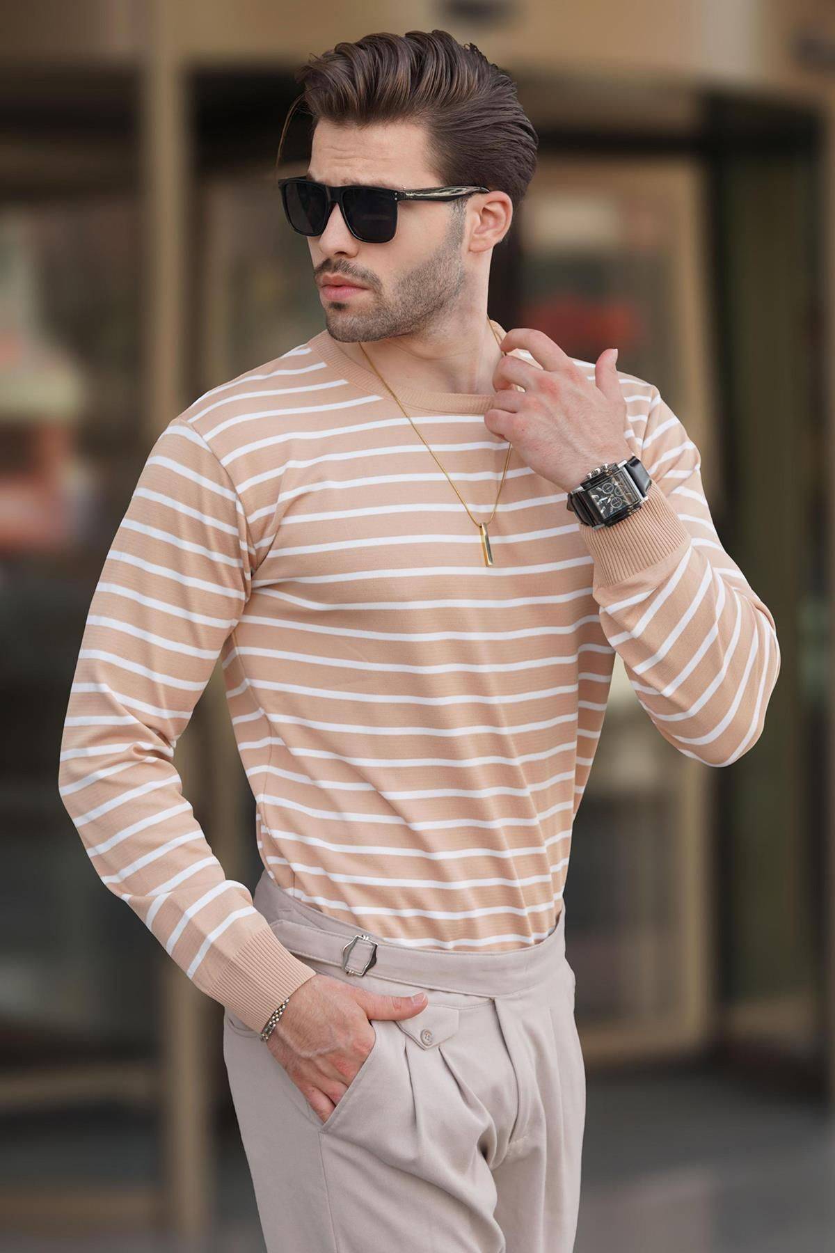 پلیور یقه ای راه راه کاشی