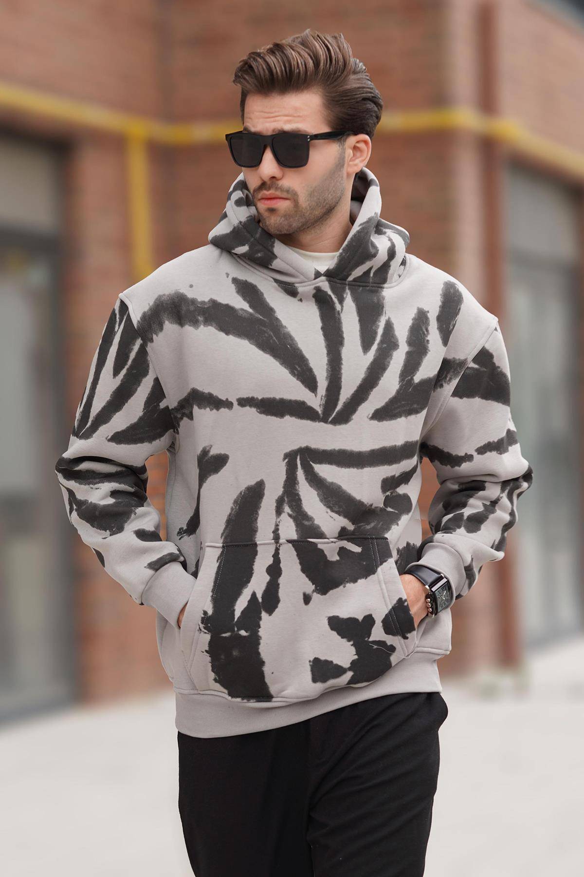 سویشرت مردانه چاپ شده خاکستری رنگ شده با جزئیات جیبی