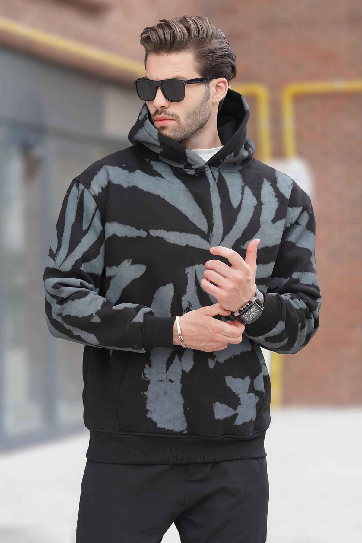 سویشرت مردانه چاپ شده خاکستری رنگ شده با جزئیات جیبی