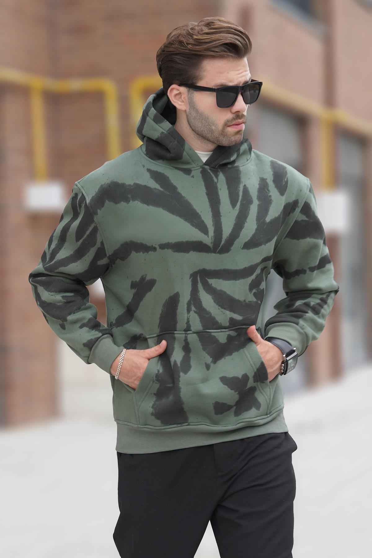 سویشرت مردانه چاپ شده خاکستری رنگ شده با جزئیات جیبی