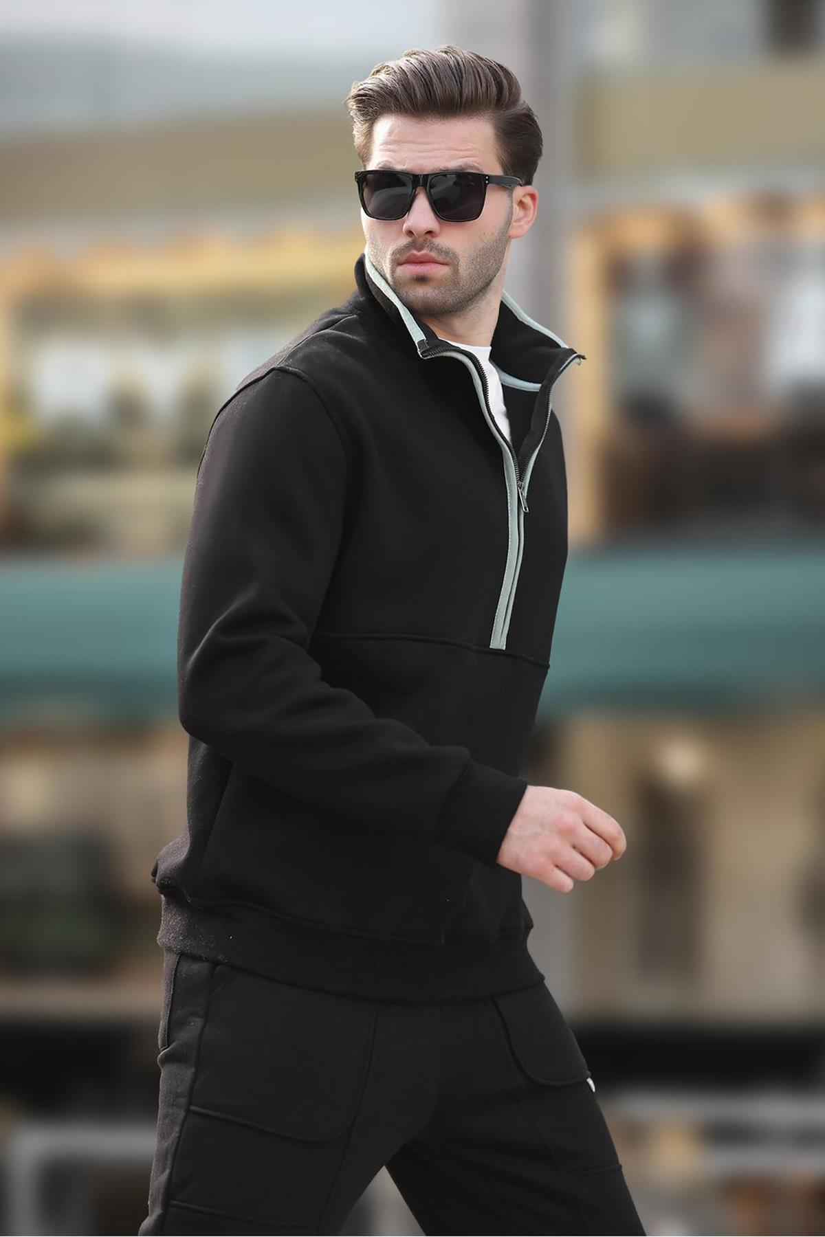 سویشرت نیمه زیپ یقه بلند خاکستری