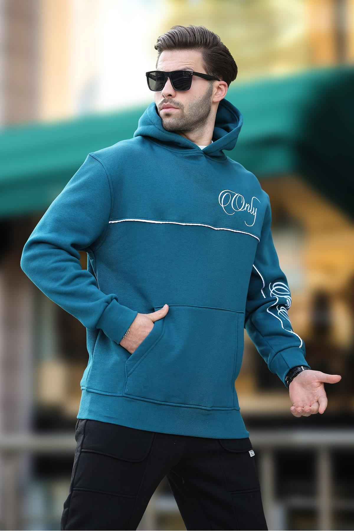 سویشرت مردانه کلاهدار مشکی با چاپ جزئیات راه راه